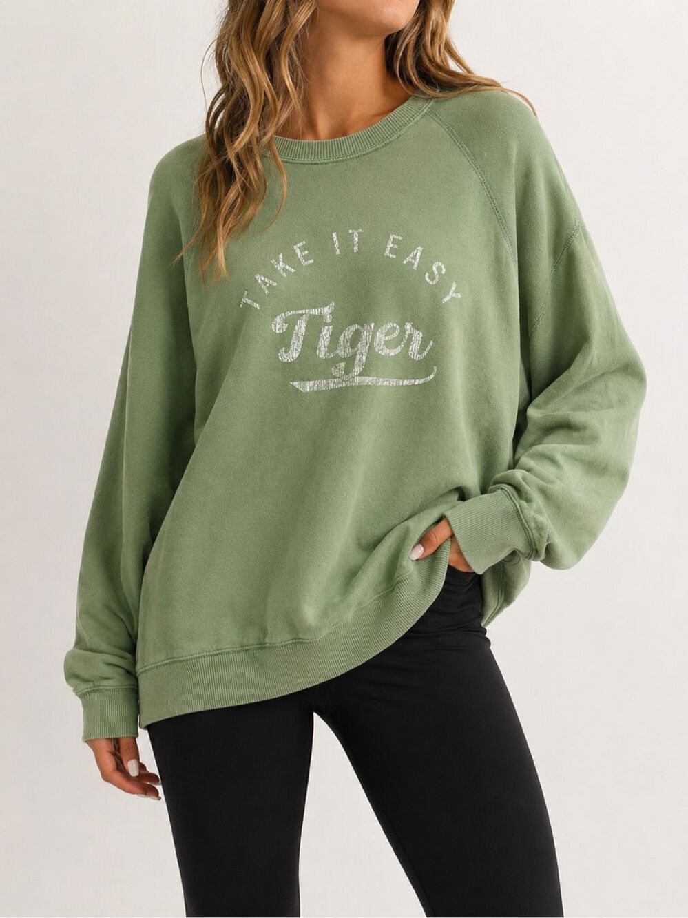Aerie Take It Easy Tiger Green Sweatshirt Size S Oversized Graphic Crewneck